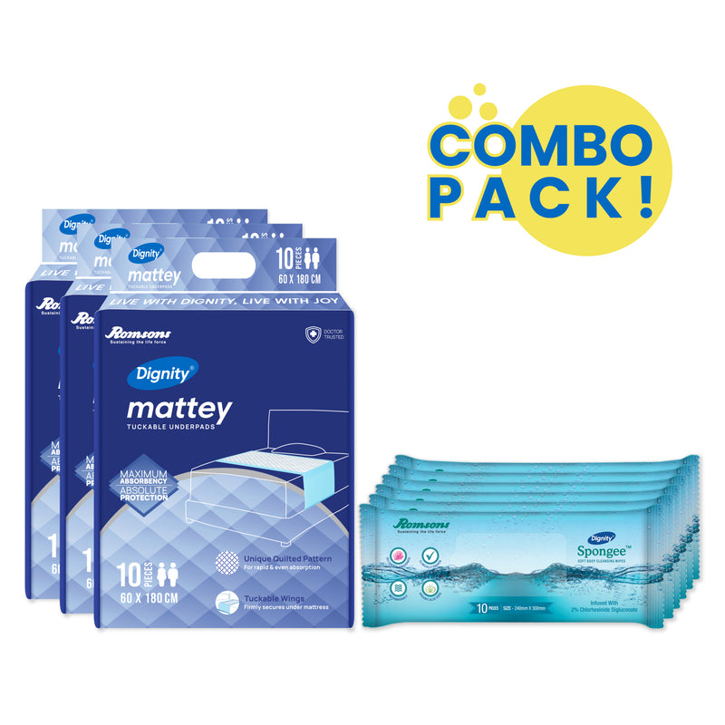 Dignity Mattey Disposable Underpads  (Pack of 3 ) With  Spongee Body Wipes ( Pack of 6)