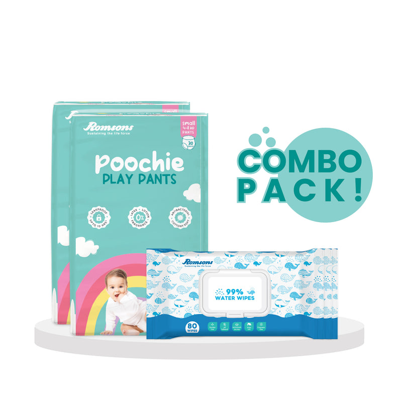 Romsons Poochie Play Pants with 99% Water Wipes (Pack of 3)