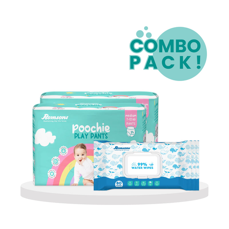 Romsons Poochie Play Pants with 99% Water Wipes (Pack of 3)