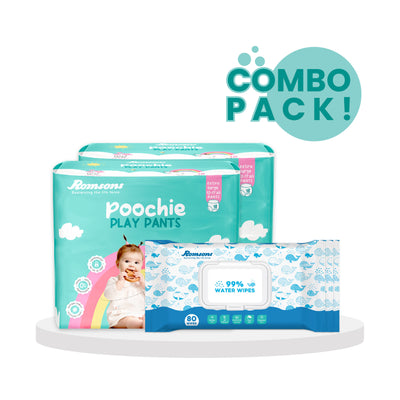 Romsons Poochie Play Pants with 99% Water Wipes (Pack of 3)